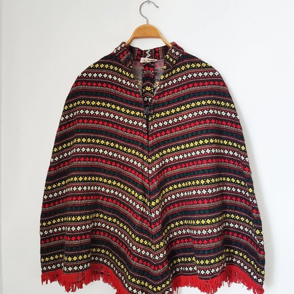 1970s Vintage Red Wool Poncho, Made in USA, Red Wool Patterned Poncho - Picture 2 of 10